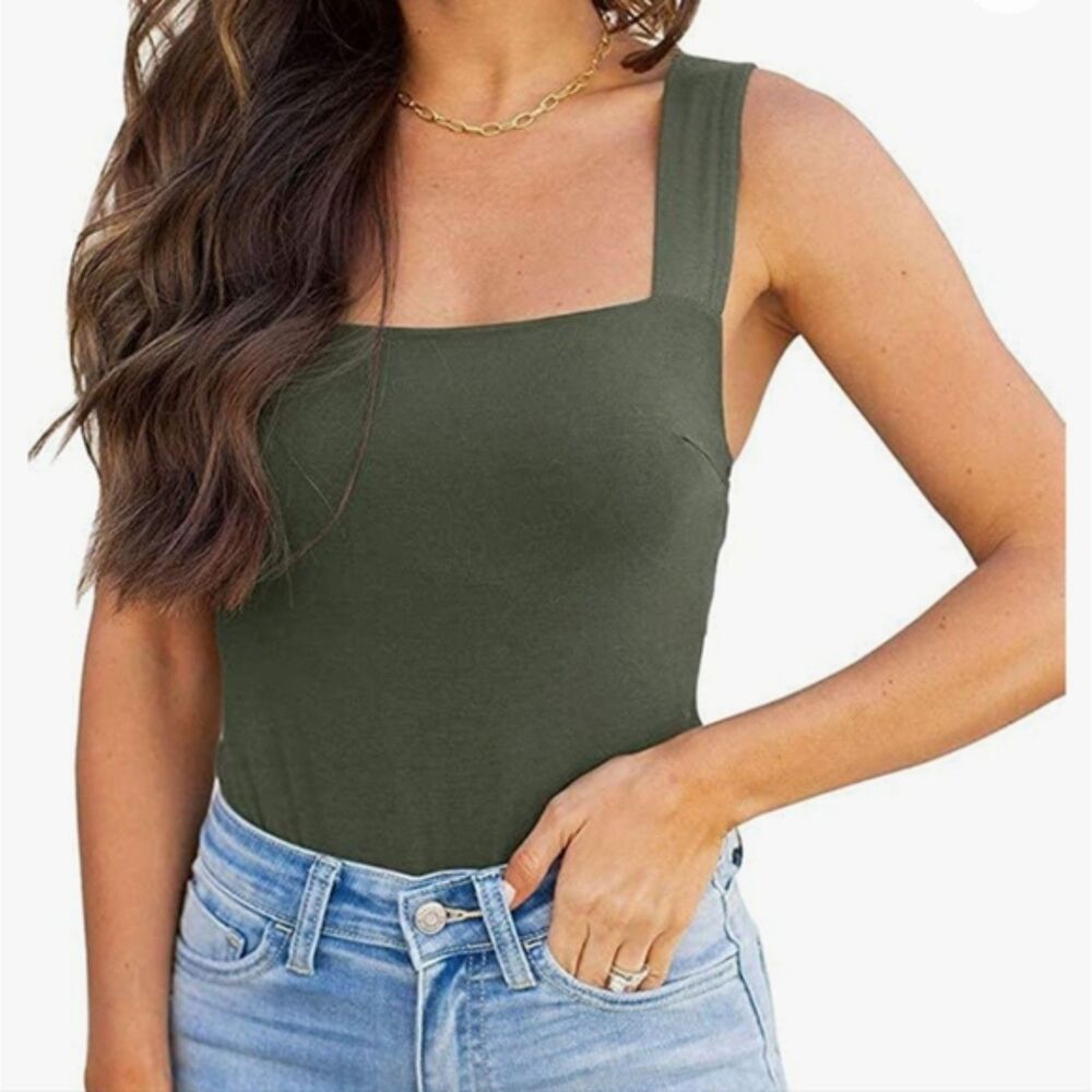 REORIA Women's Square Neck Bodysuit Olive Green Sleeveless Stretch Size Large